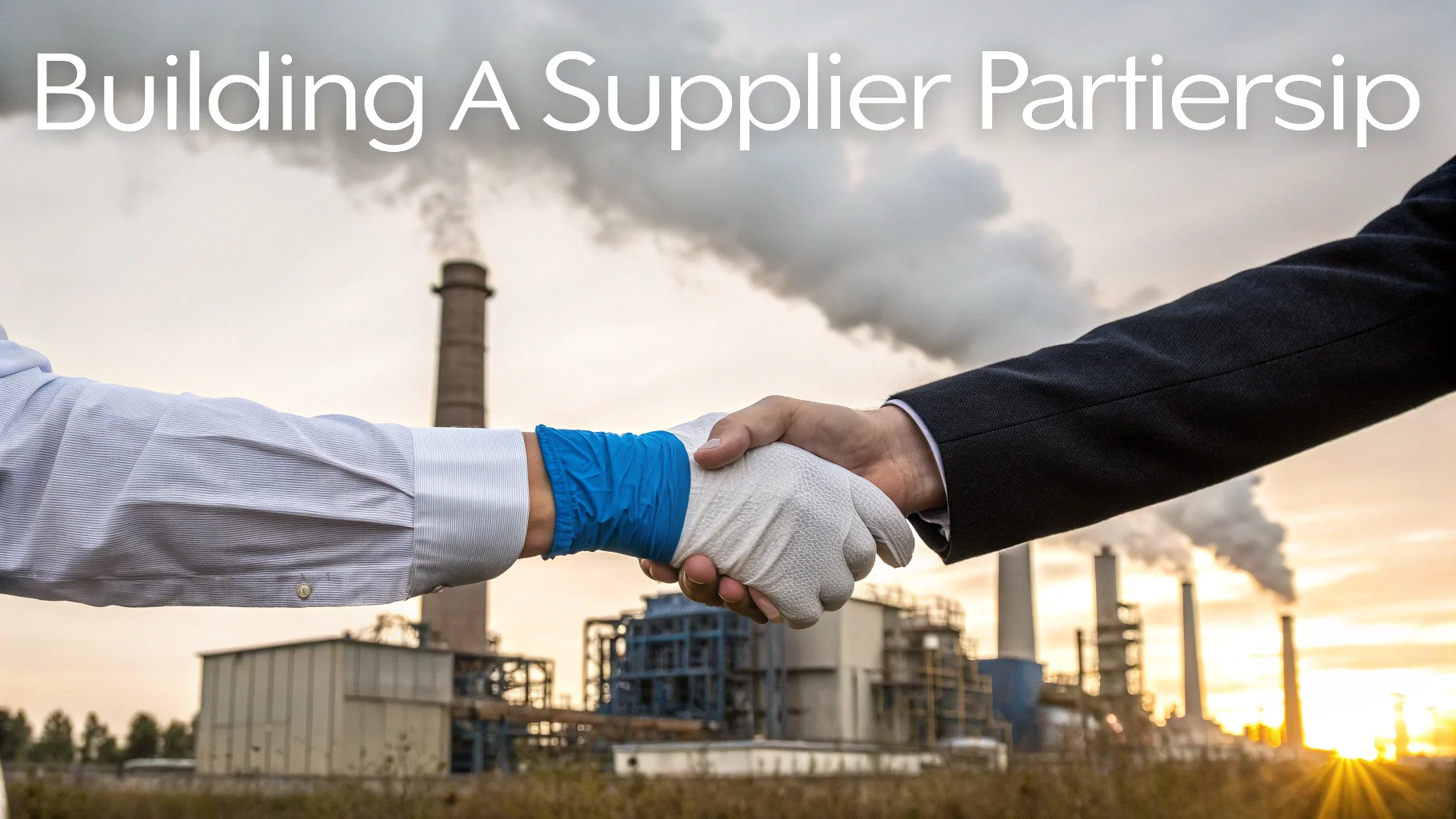 Hands shaking in front of a factory background, symbolizing a new partnership.