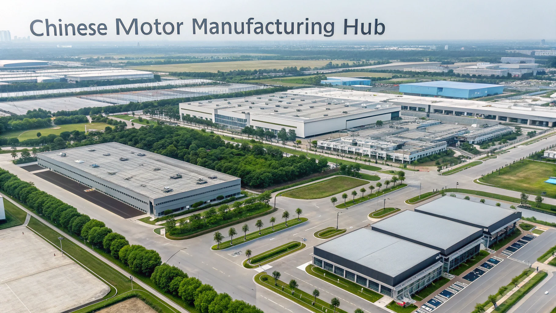An aerial view of a modern industrial park in China where motors are manufactured