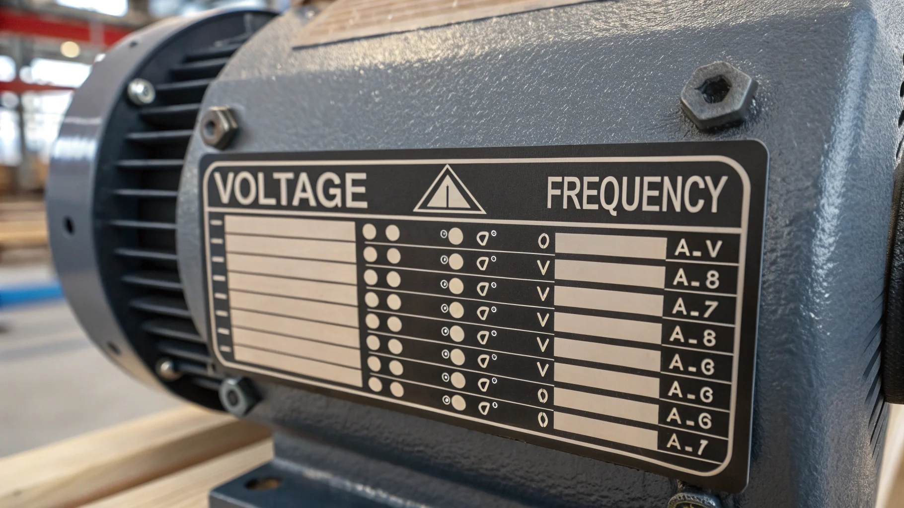Close-up of an electric motor's nameplate showing voltage and frequency ratings