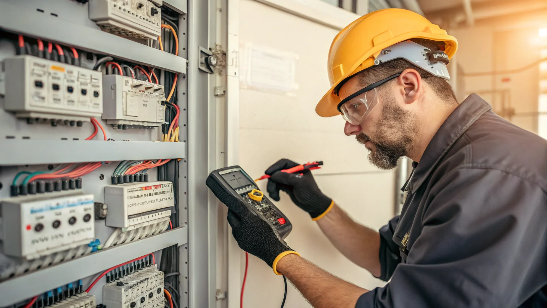 An electrician checking the voltage at a power panel with a multimeter
