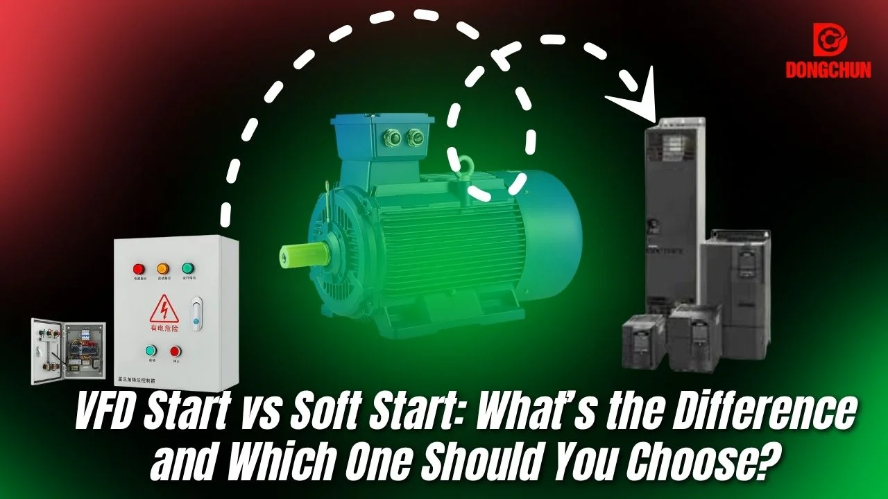Comparison between VFD start and soft start with motor images and control boxes, highlighting the differences and choices.