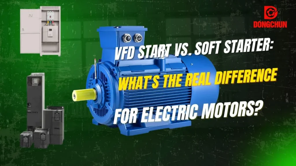 Comparison of VFD and soft starter systems for electric motors with a blue motor image and text highlighting differences.